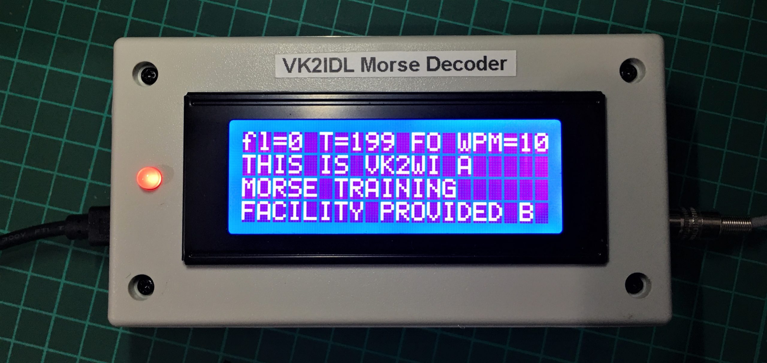 VK2IDL Morse Decoder displaying live Morse from the VK2WI automated Morse practice transmission on 3.699 MHz.